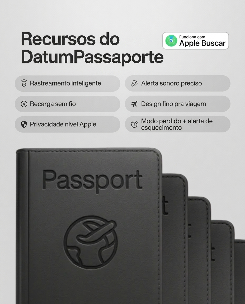 Recursos do DatumPassaporte — rastreamento, recarga sem fio e privacidade