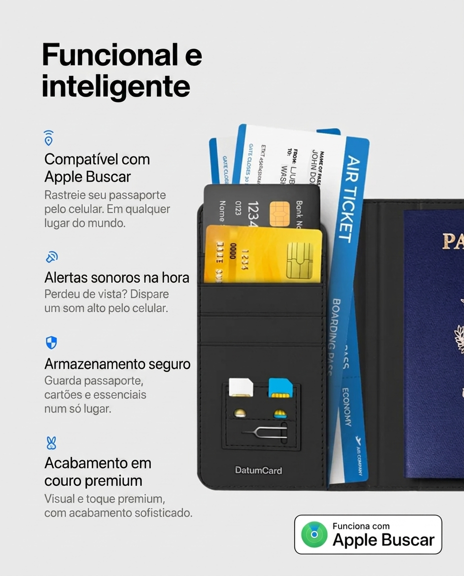 DatumPassaporte funcional e inteligente — compatível com Apple Buscar